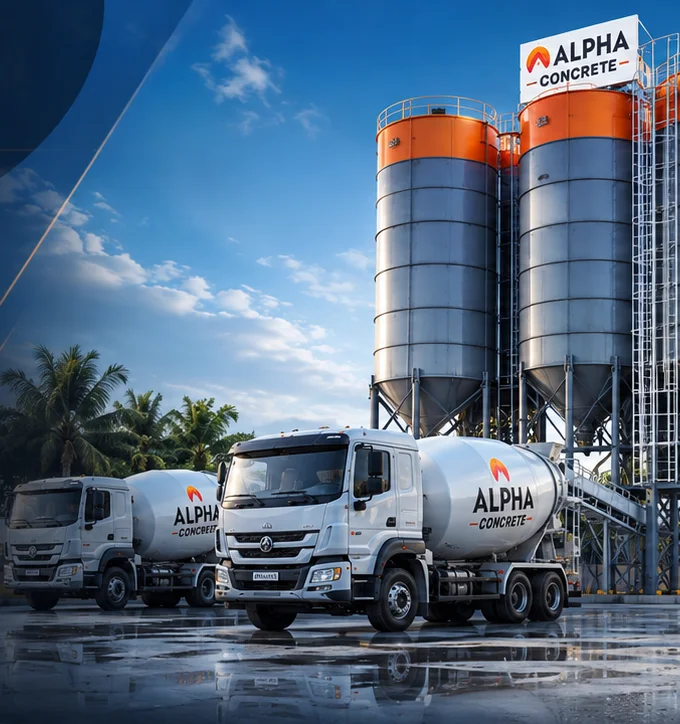 Alpha Concrete transit mixer trucks parked beside the batching plant silos after rain